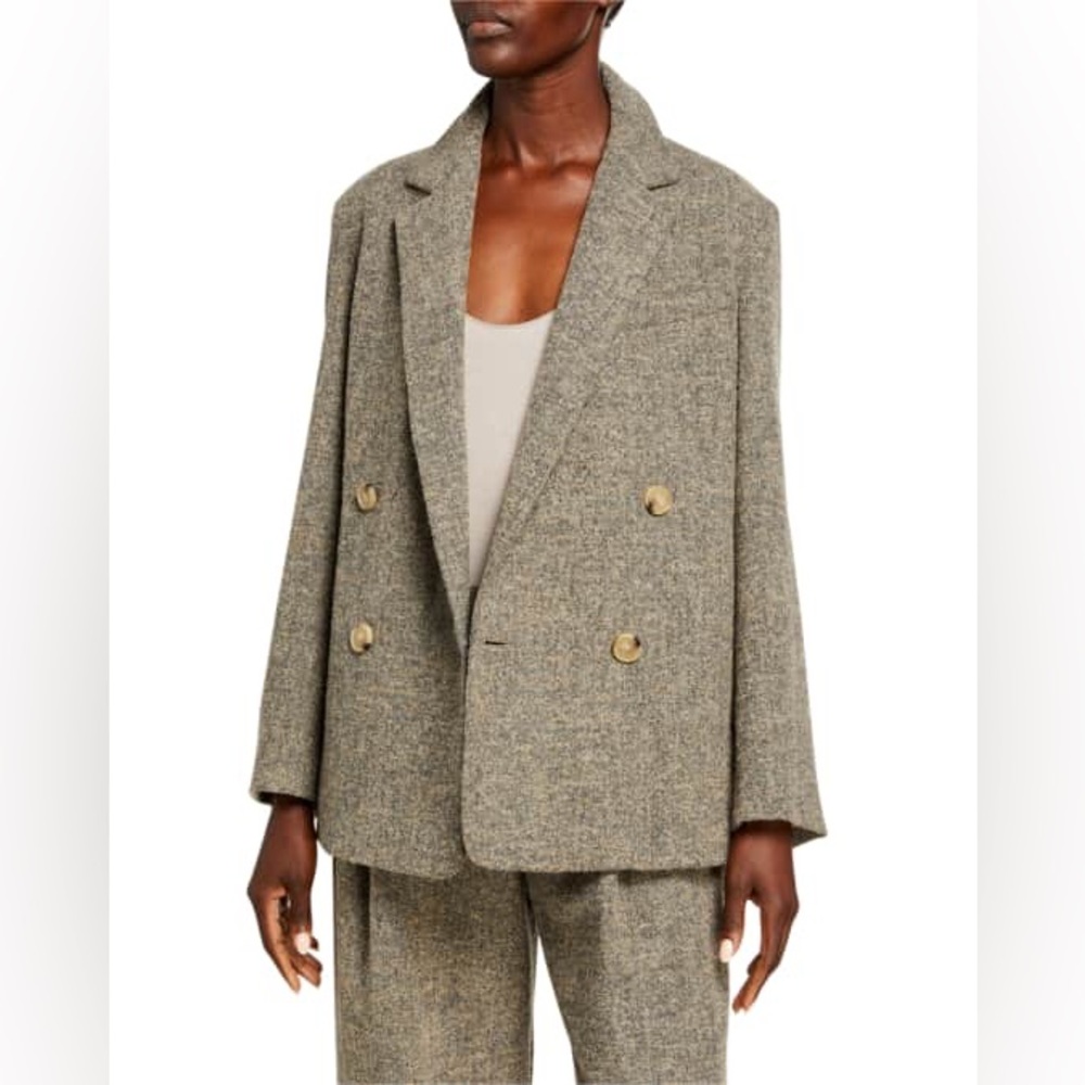 VINCE Pebble Texture Wool Double-Breasted Blazer Small Taupe Brown Gray
